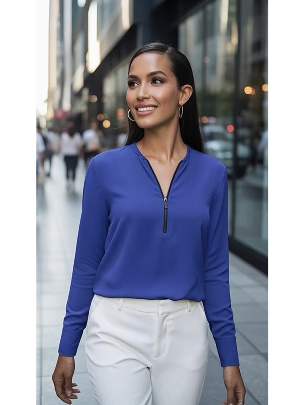 LAFAYETTE 148 NEW YORK Womens Silk Zip Front 3/4 Sleeve Blouse In Royal Purple-8